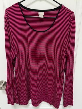 Chico's Hot Pink and Black Striped Scoop Neck Long-Sleeve Top, Size XL